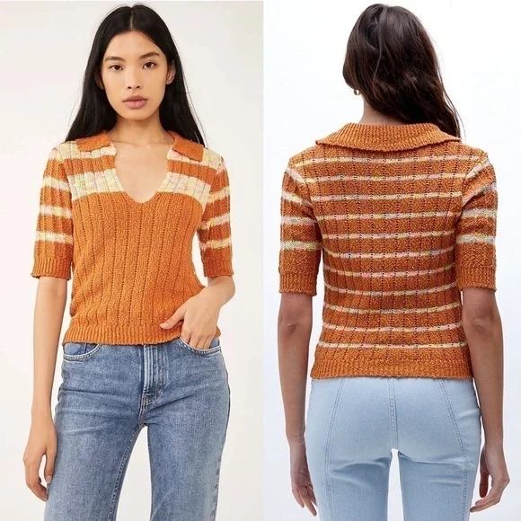 FREE PEOPLE 70s Cropped V-Neck Chunky Knit Striped Short Sleeve Henley Sweater S - Picture 8 of 14